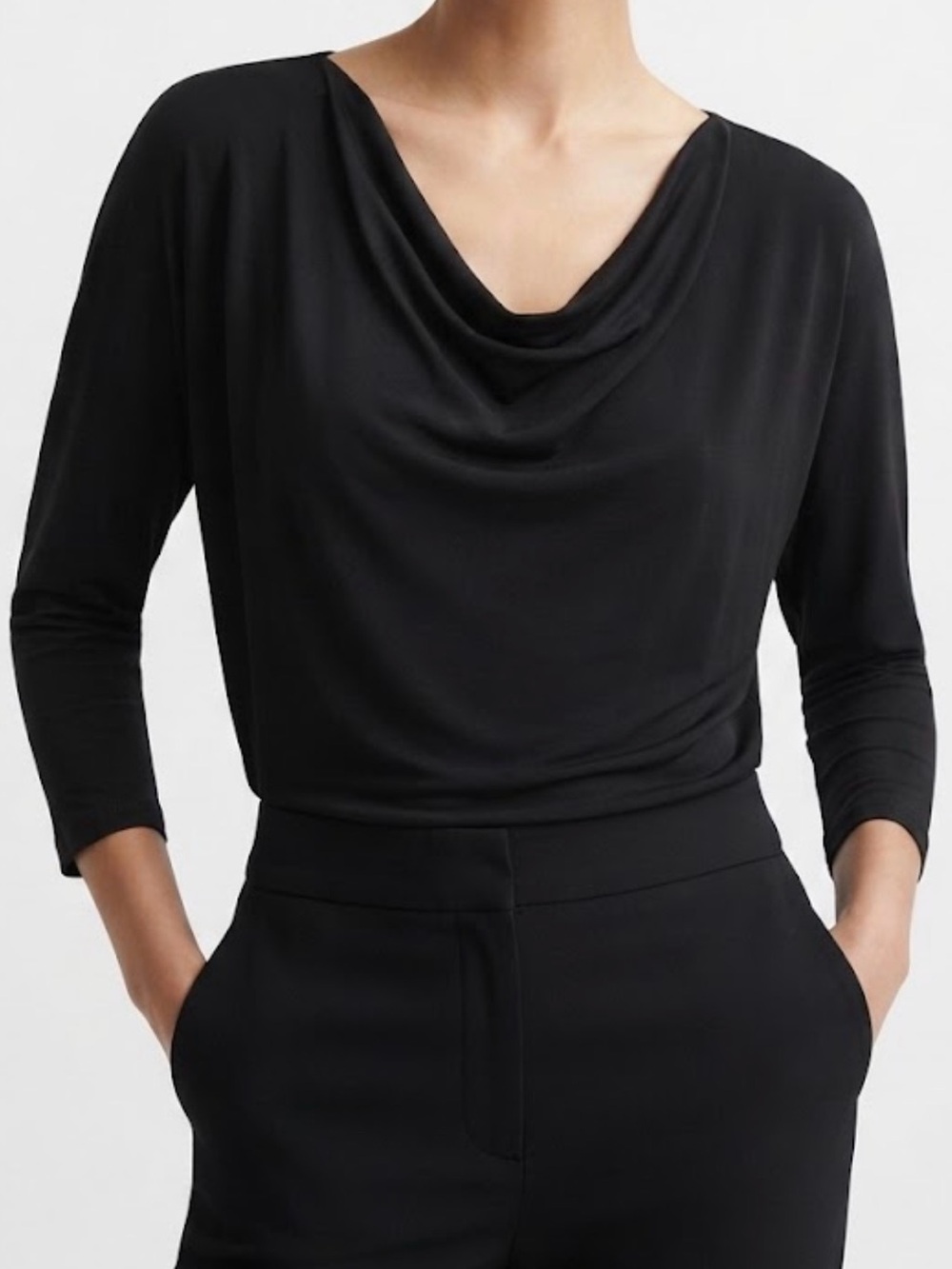 Tahari Black Modal Cowl Neck 3/4 Sleeve Blouse – Size Large